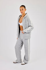 Oversized Knitted Stripe Zip Through & Wide Leg Jogger - Grey