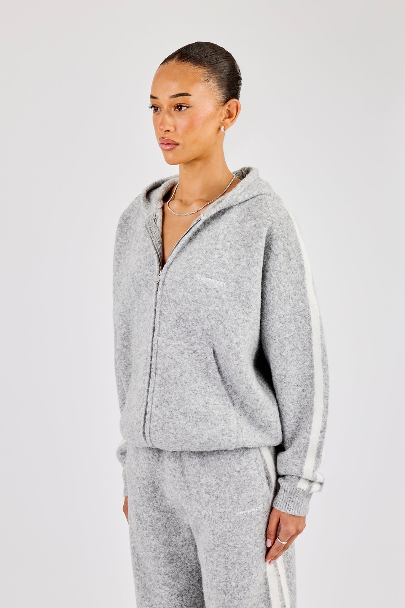Oversized Knitted Stripe Zip Through - Grey