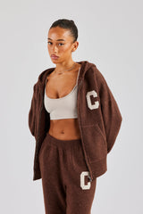 Hooded Zip Through Knitted Jumper - Chocolate