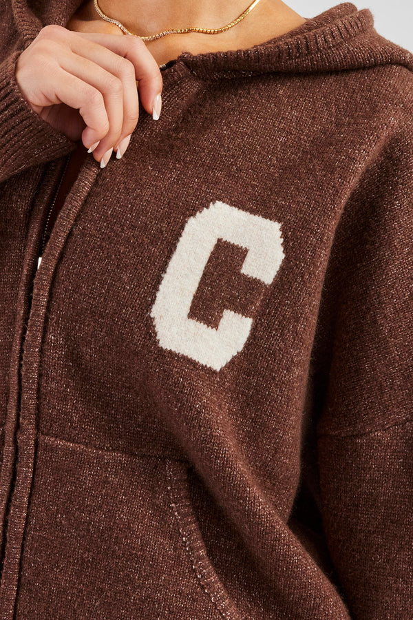 Hooded Zip Through Knitted Tracksuit - Chocolate