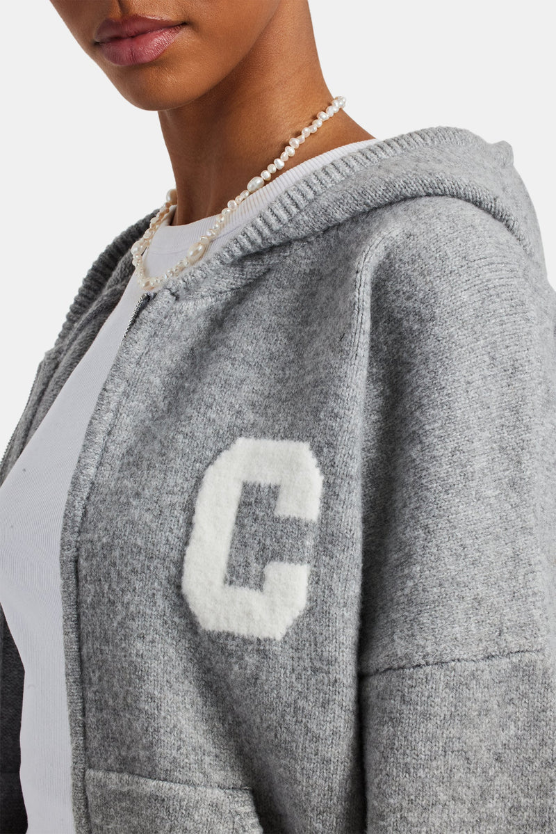 Hooded Zip Through Knitted Jumper - Grey