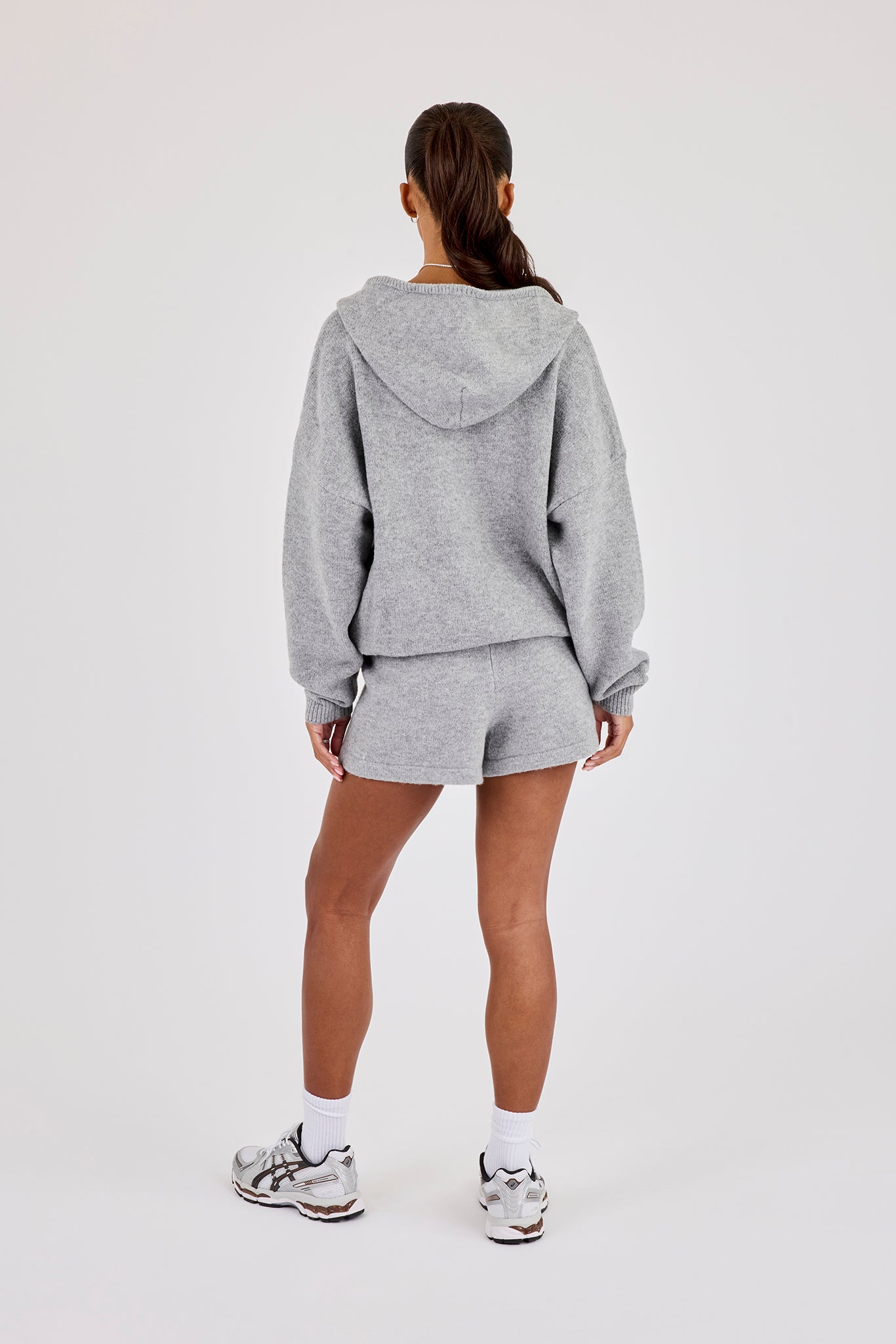 Hooded Zip Through Knitted Hoodie & Short - Grey
