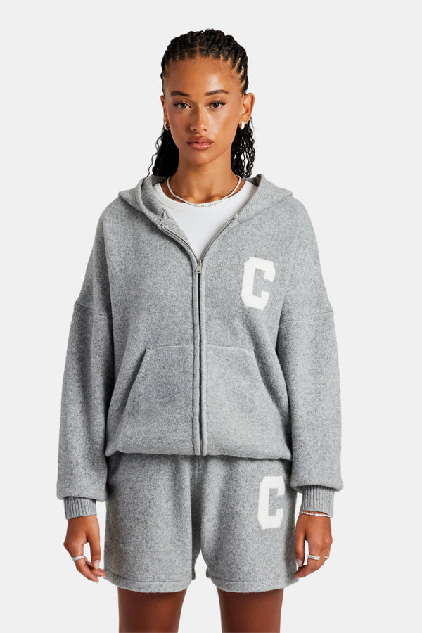 Hooded Zip Through Knitted Jumper - Grey