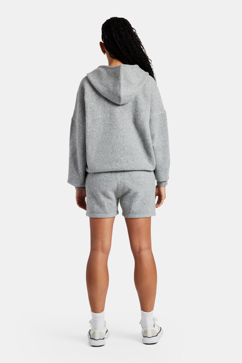 Hooded Zip Through Knitted Short Tracksuit - Grey