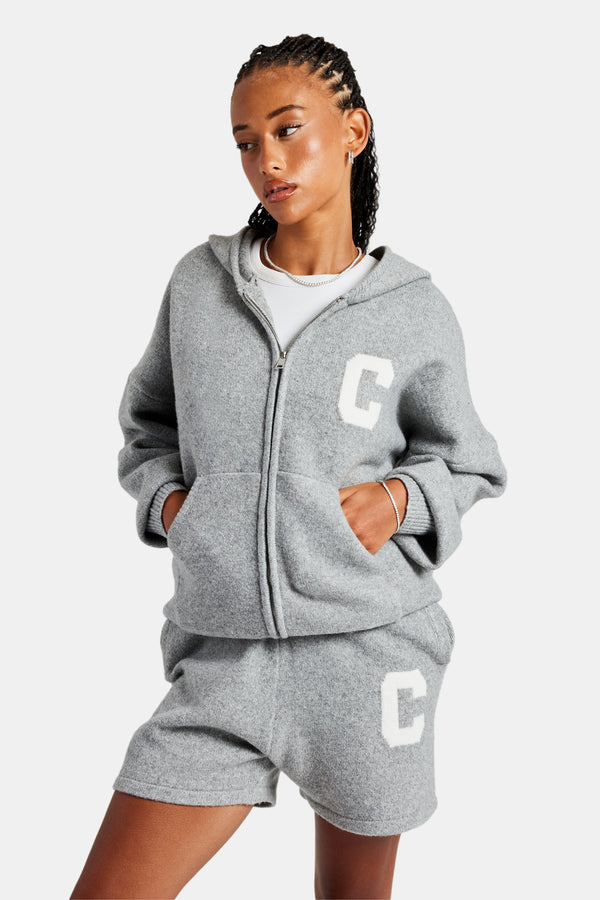 Hooded Zip Through Knitted Jumper - Grey