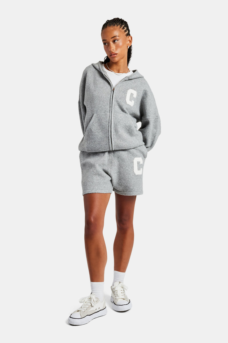 Hooded Zip Through Knitted Short Tracksuit - Grey