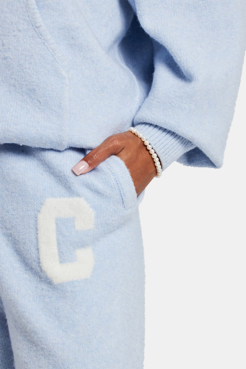 Hooded Zip Through Knitted Tracksuit - Light Blue