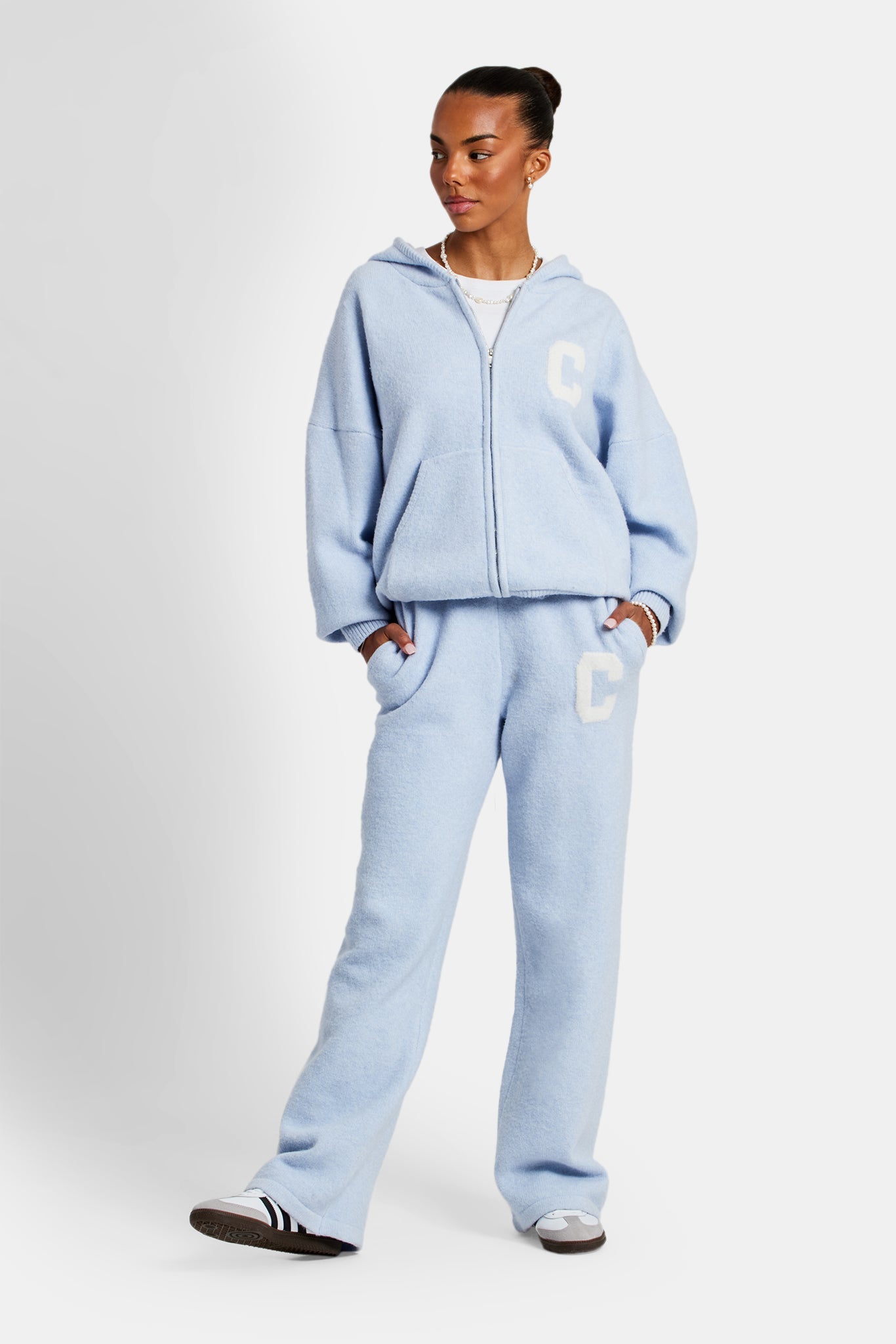Hooded Zip Through Knitted Jumper - Light Blue | Womens Knitwear