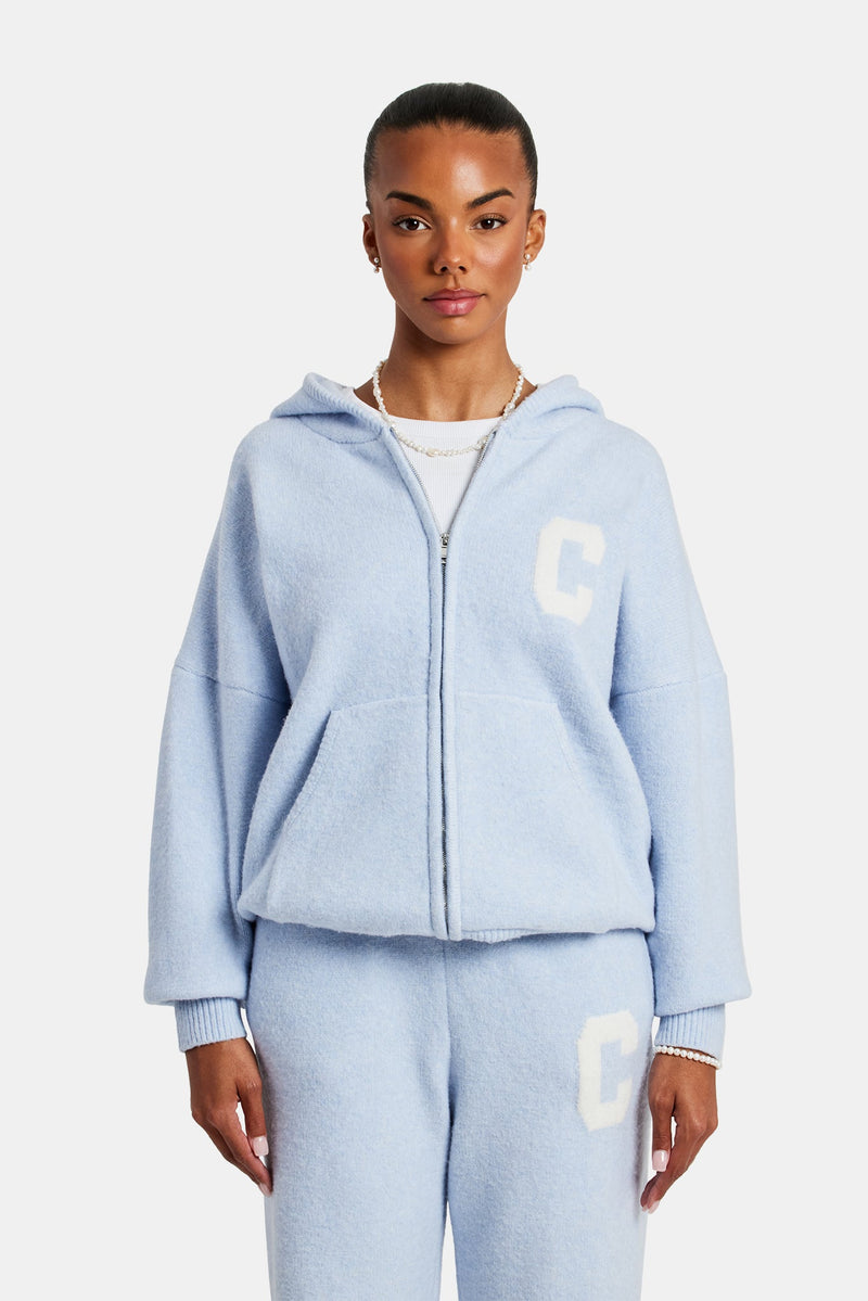 Hooded Zip Through Knitted Tracksuit - Light Blue