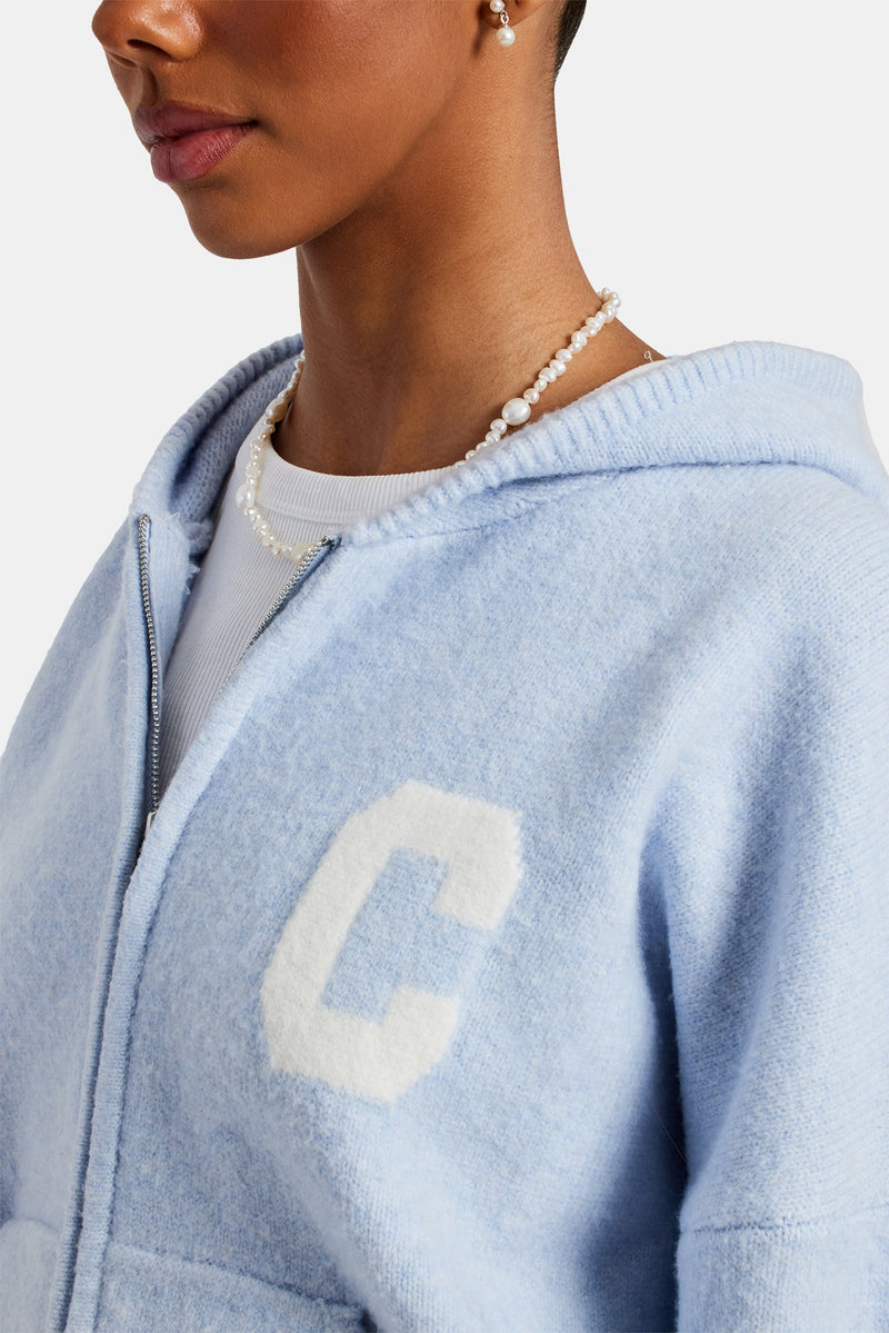 Hooded Zip Through Knitted Jumper - Light Blue