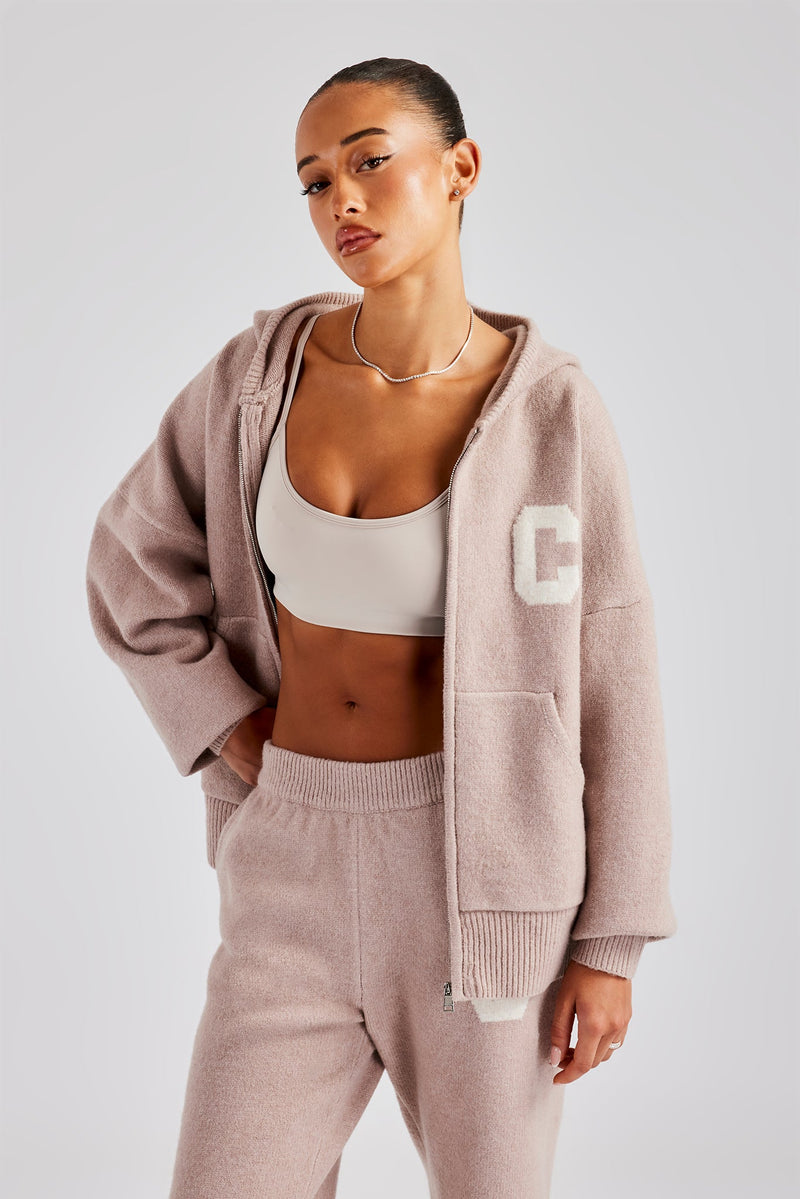 Hooded Zip Through Knitted Tracksuit - Pink