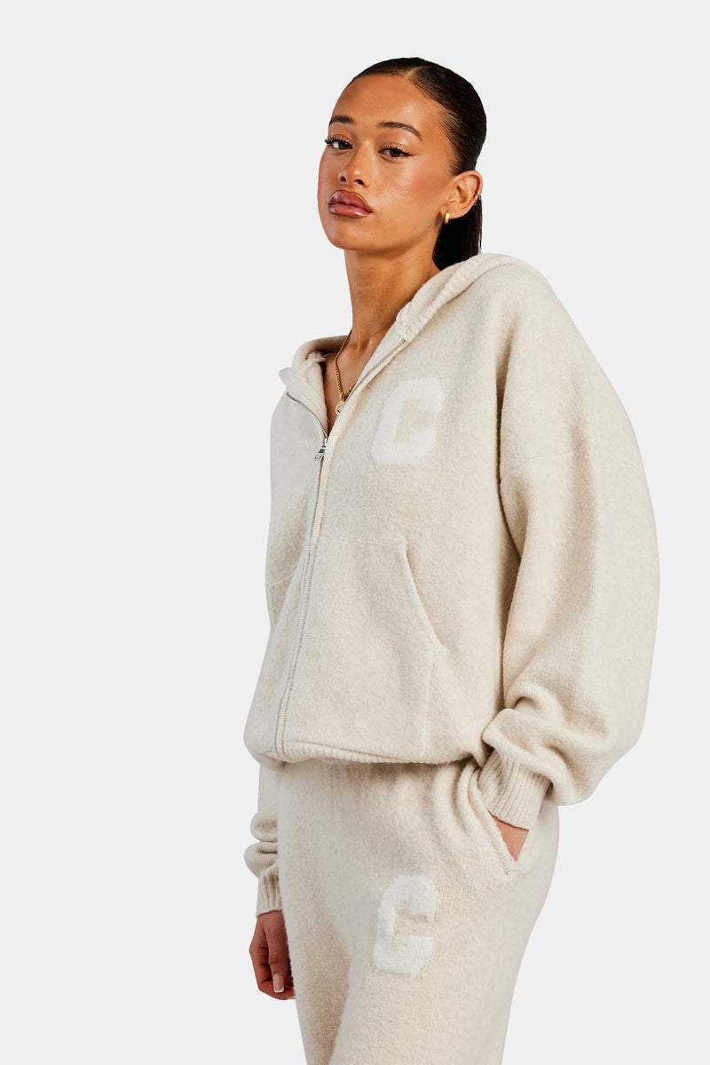 Hooded Zip Through Knitted Jumper - Oatmeal