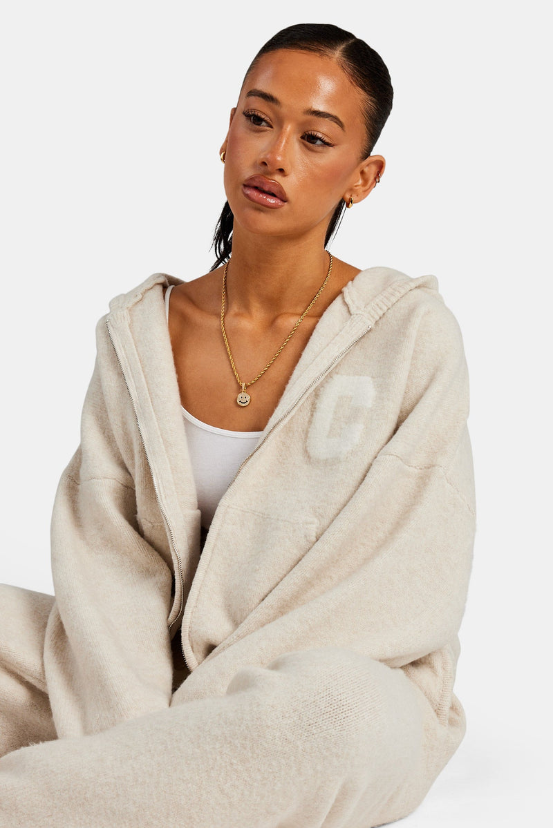 Hooded Zip Through Knitted Tracksuit - Oatmeal