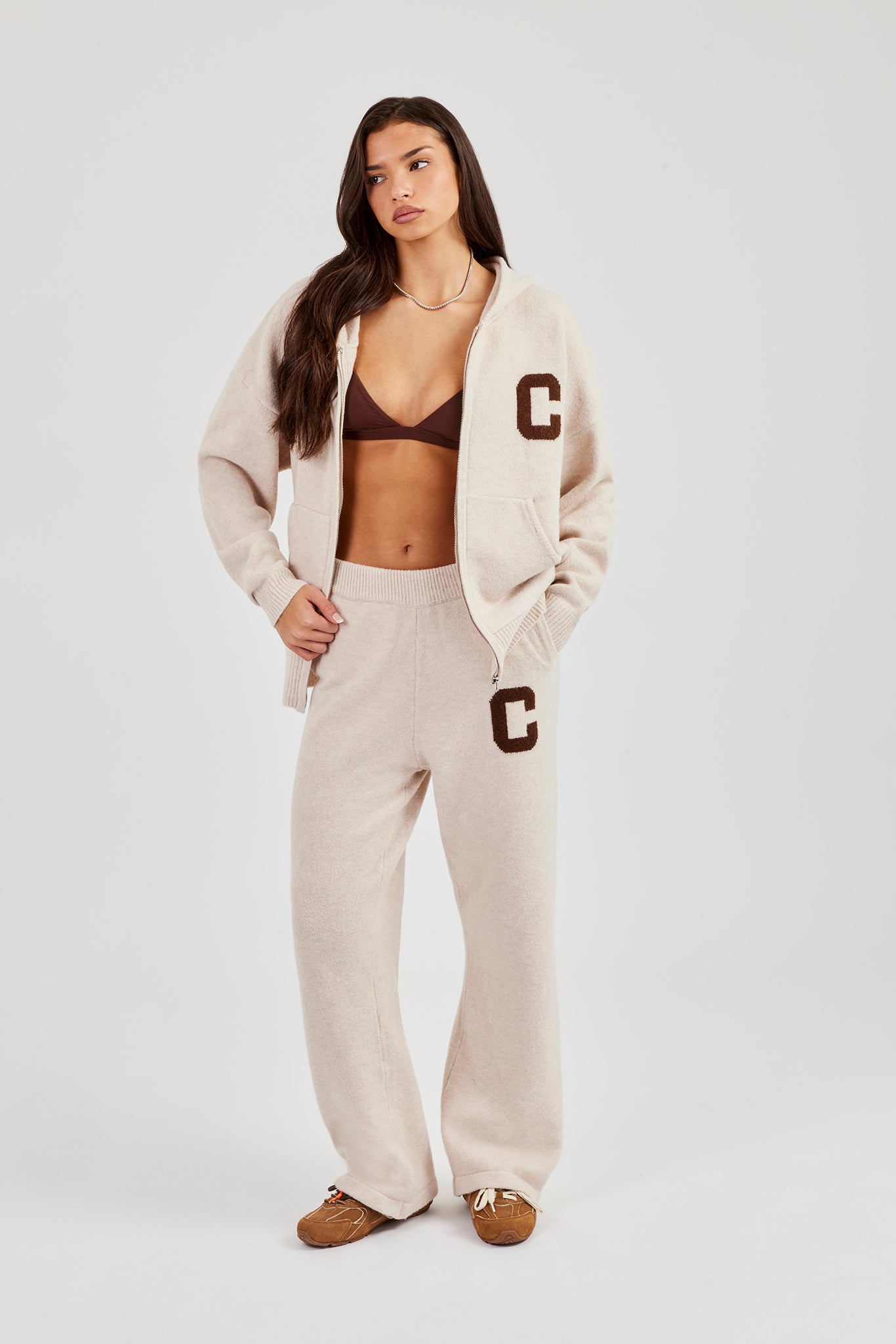Hooded Zip Through Knitted Tracksuit - Off White