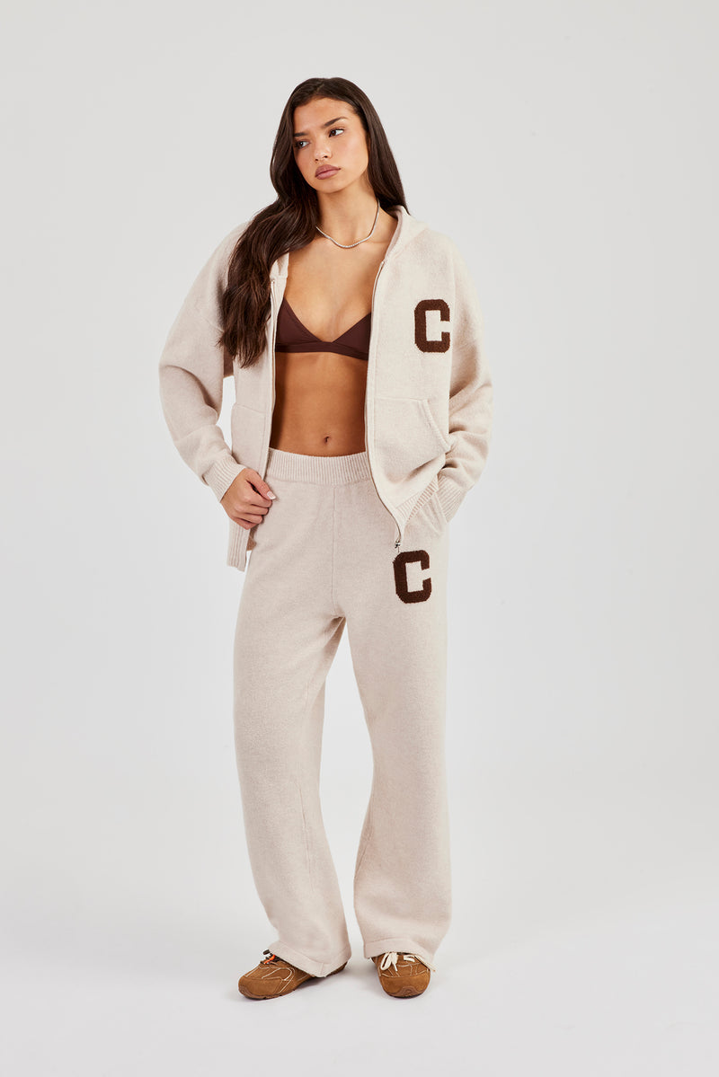 Hooded Zip Through Knitted Tracksuit - Off White