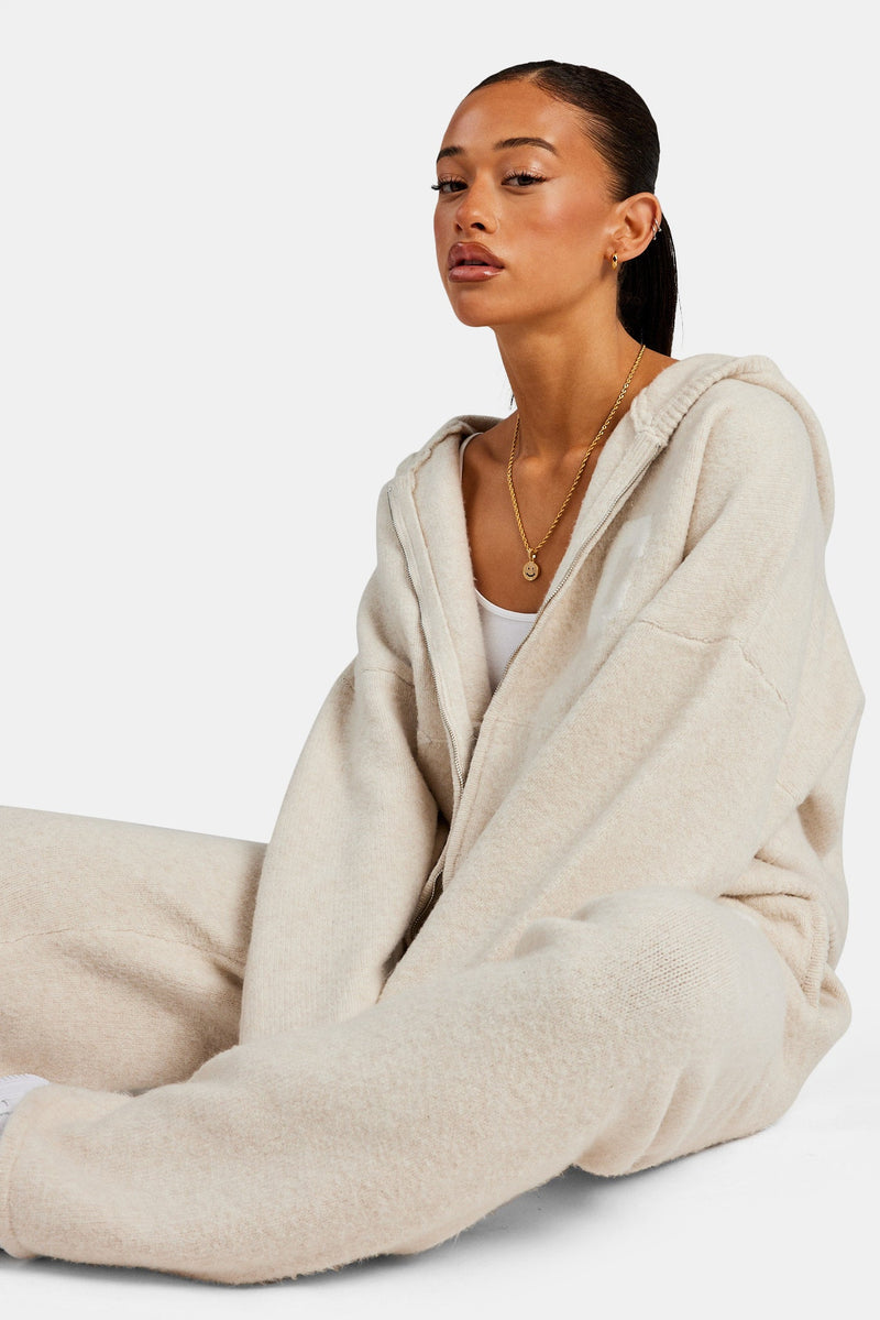 Hooded Zip Through Knitted Tracksuit - Oatmeal