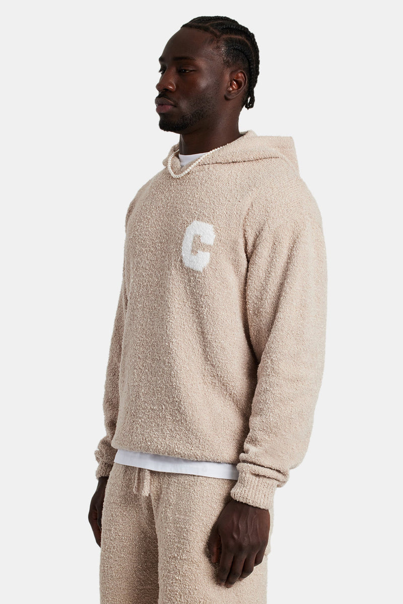 Textured Knitted Hoodie - Beige