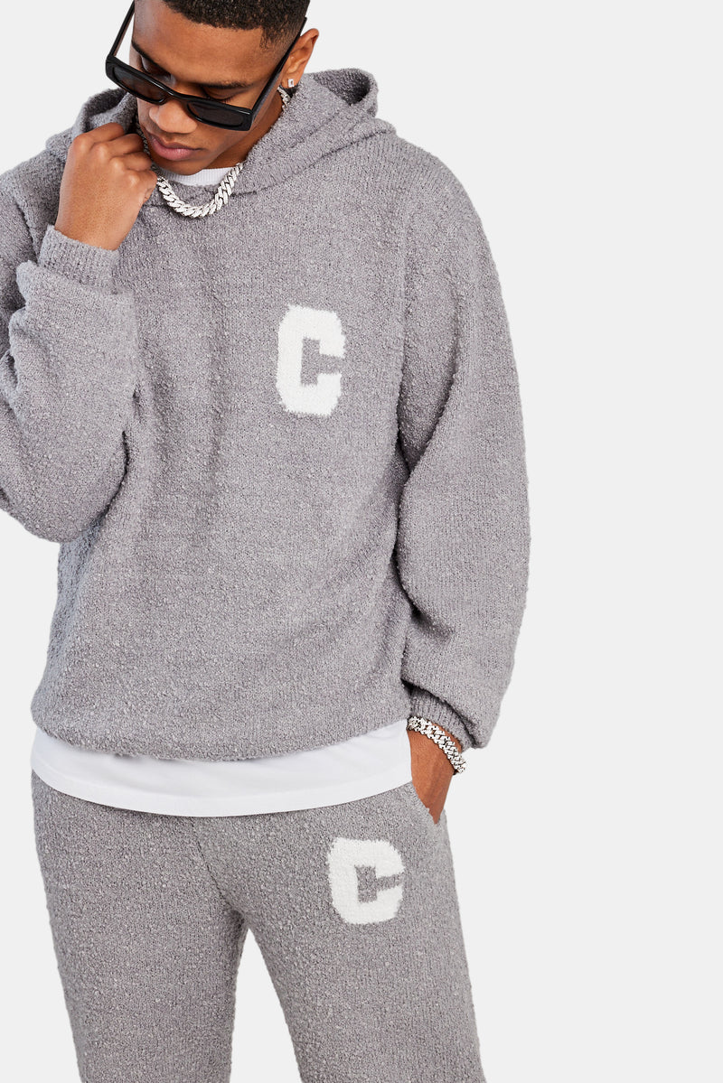 Textured Knitted Hooded Tracksuit - Grey