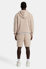 Textured Knitted Hooded Short Tracksuit - Beige