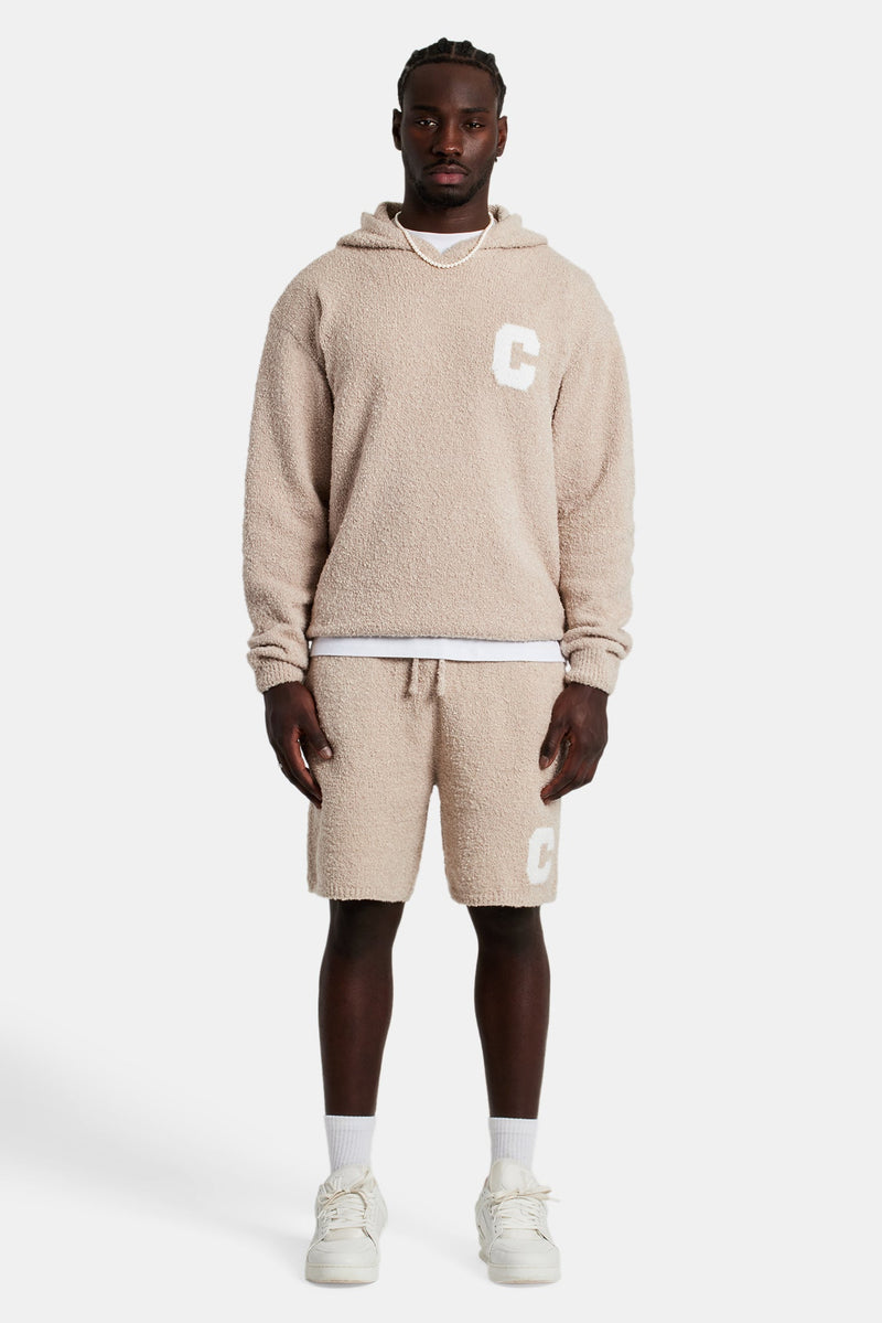 Textured Knitted Hooded Short Tracksuit - Beige