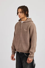 Chunky Knitted Zip Through Hoodie - Taupe