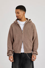 Chunky Knitted Zip Through Hoodie - Taupe