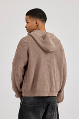 Chunky Knitted Zip Through Hoodie - Taupe