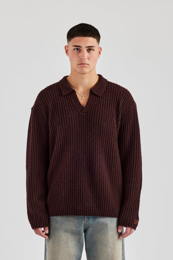 Rib Knit V Neck - Chocolate