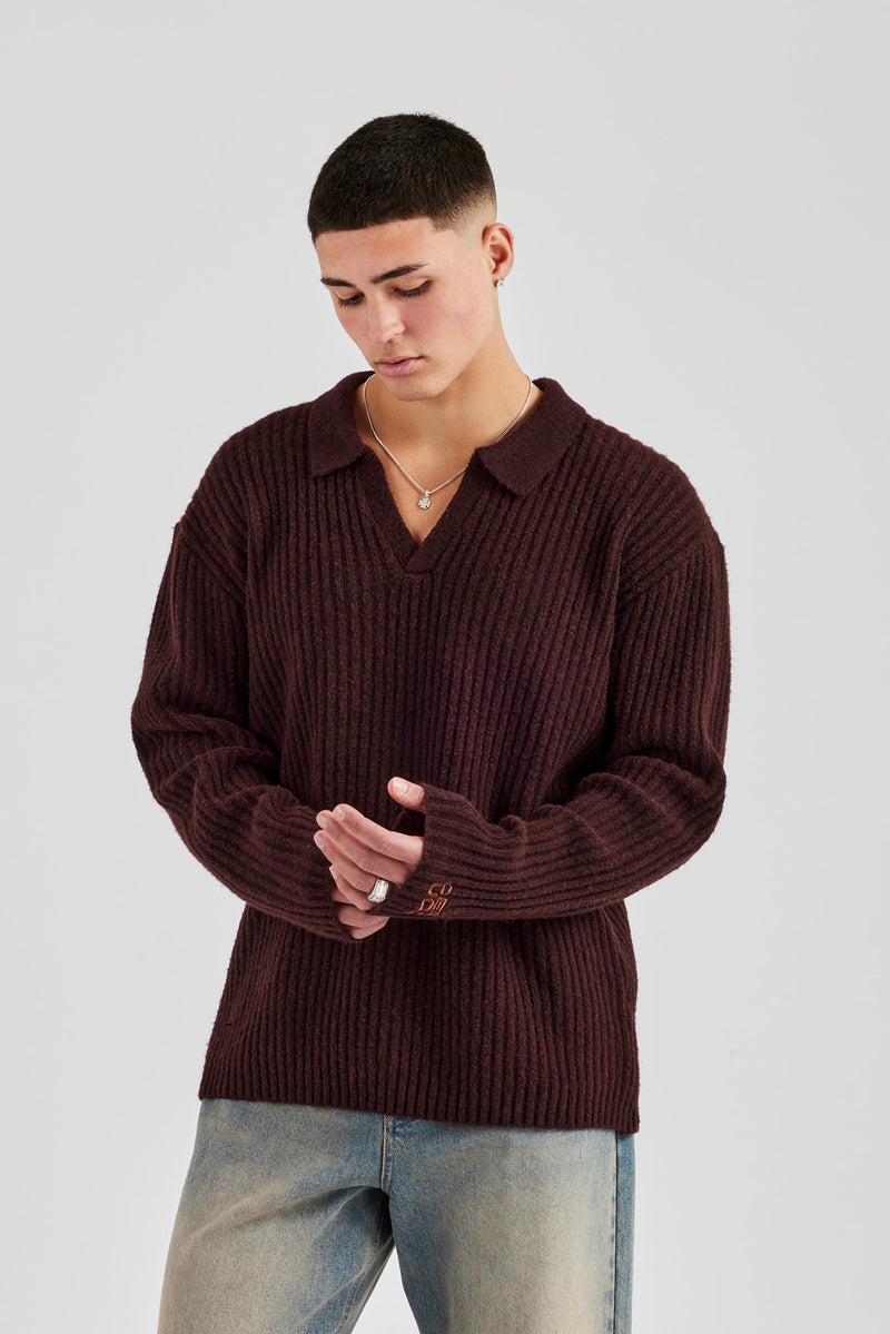 Rib Knit V Neck - Chocolate