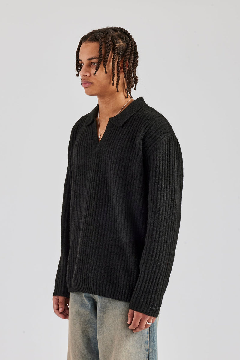 Rib Knit V Neck - Black