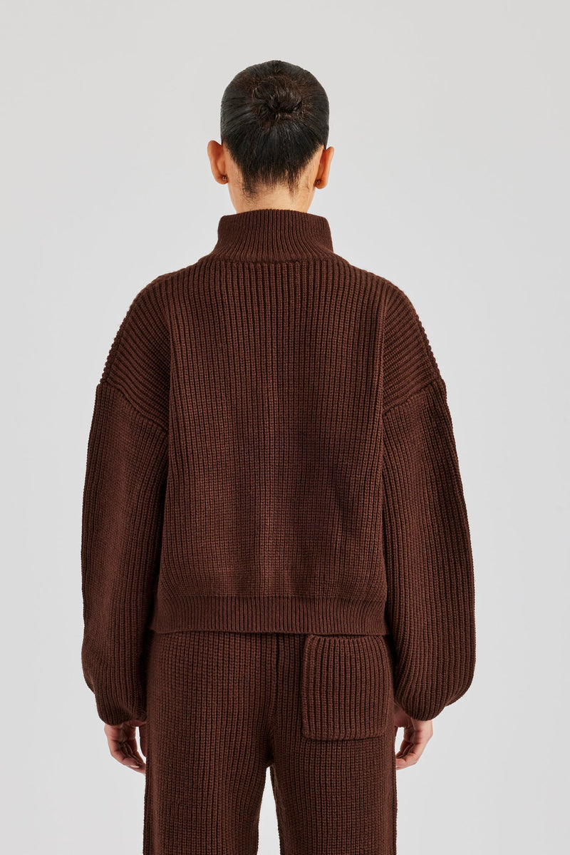 Ribbed Knitted Funnel Neck - Chocolate