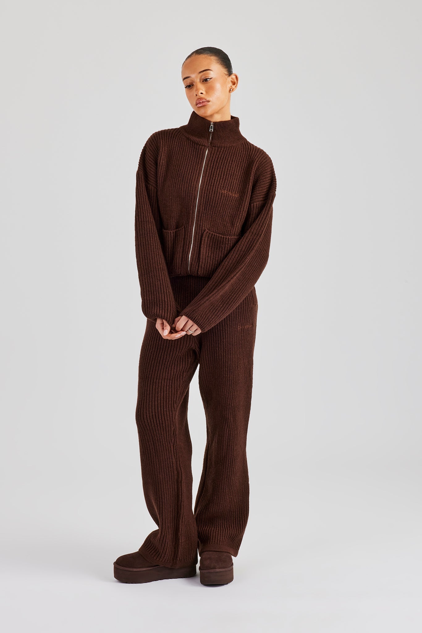 Ribbed Knitted Funnel Neck Sweater & Straight Leg Jogger - Chocolate