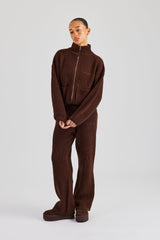 Ribbed Knitted Funnel Neck Sweater & Straight Leg Jogger - Chocolate