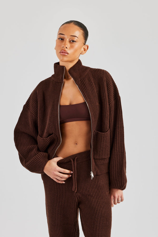 Ribbed Knitted Funnel Neck - Chocolate