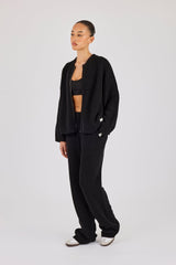 Rib Knit Collarless Bomber & Wide Leg Jogger - Black