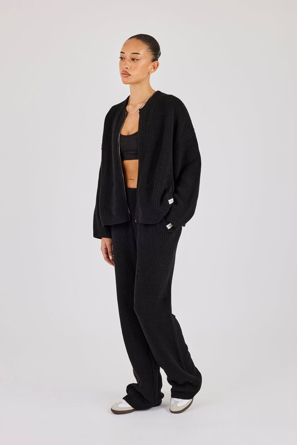 Rib Knit Collarless Bomber & Wide Leg Jogger - Black
