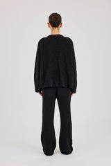Rib Knit Collarless Bomber & Wide Leg Jogger - Black