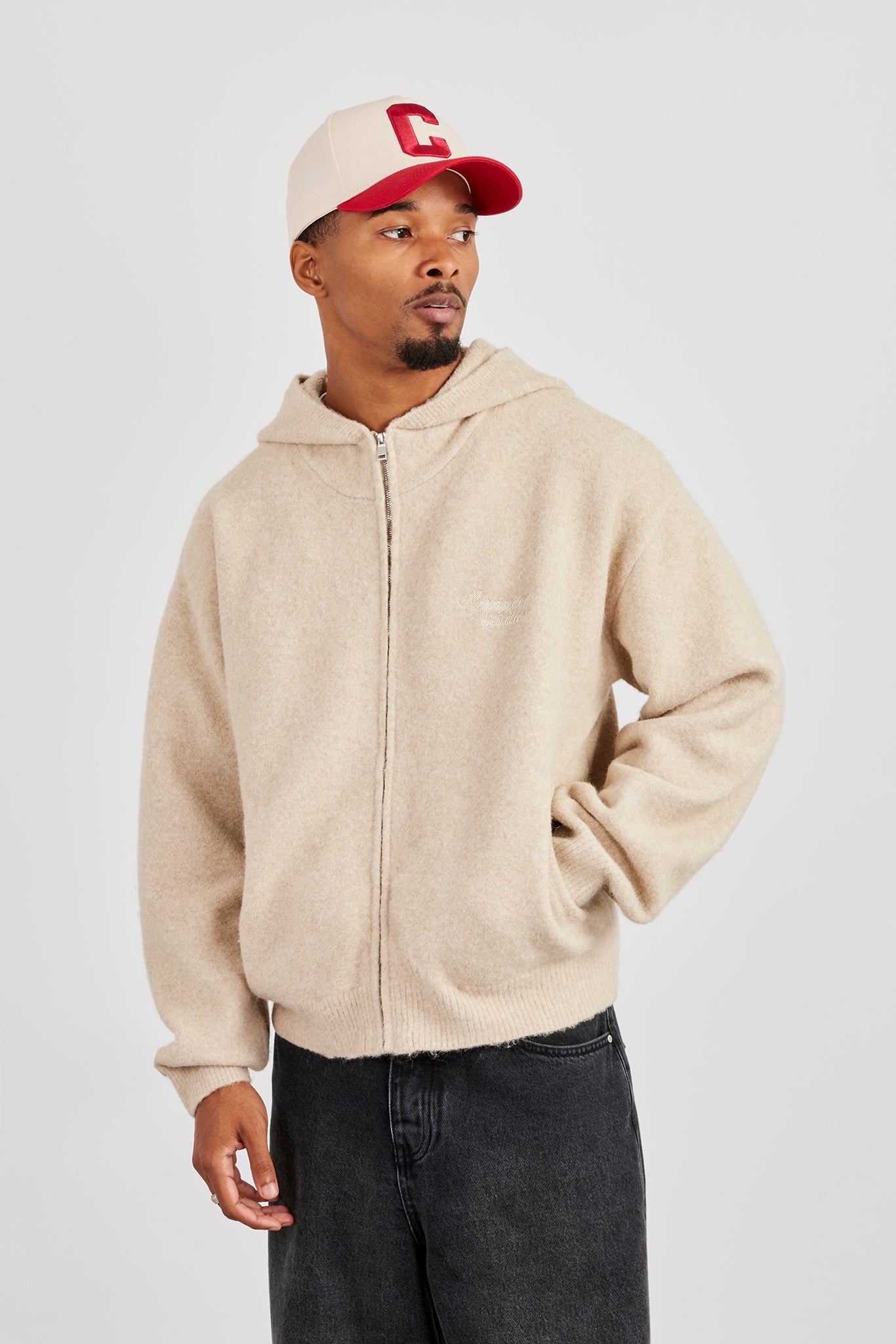 Knitted Zip Hoodie - Beige