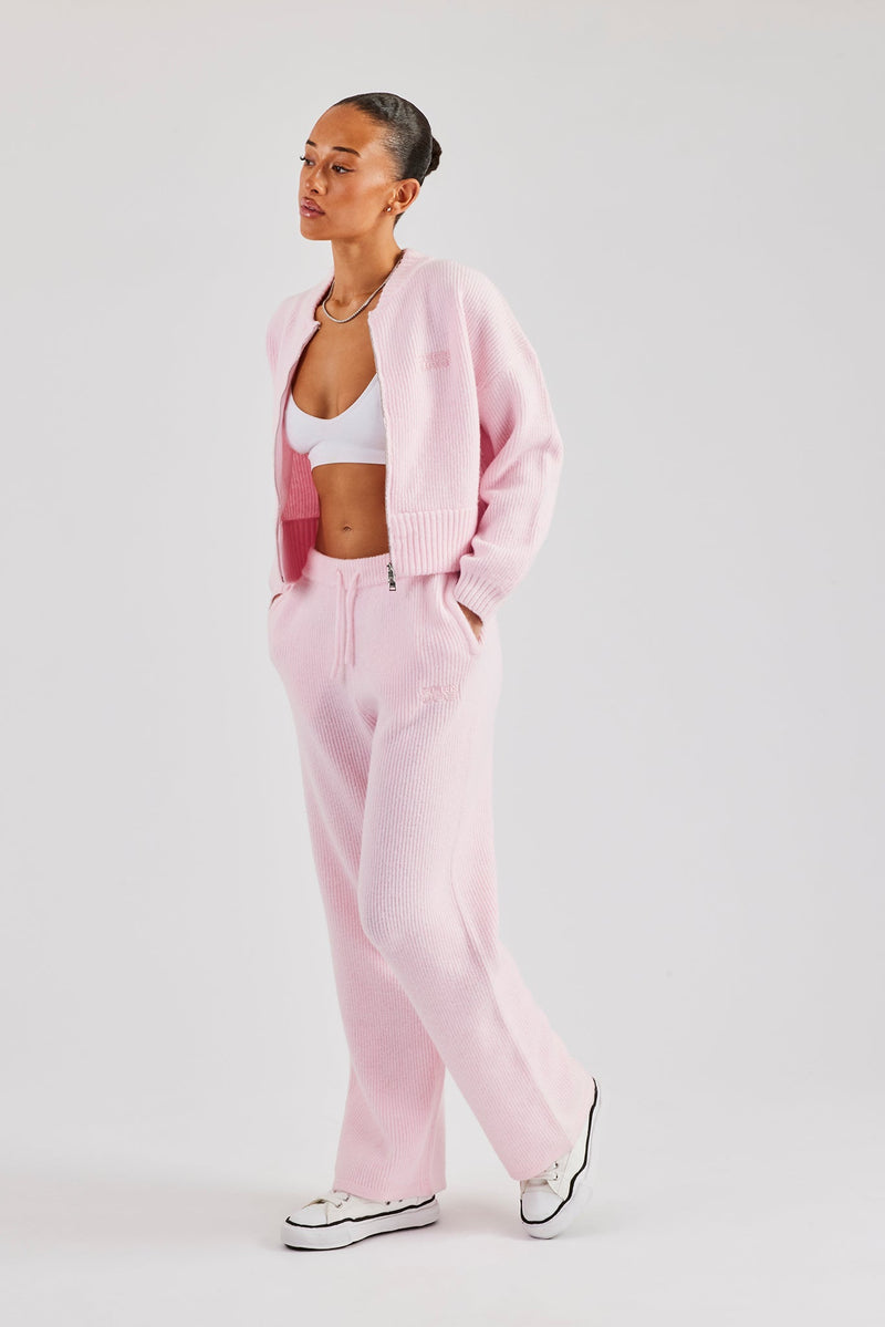 Knitted Zip Front Bomber & Straight Leg Trouser - Baby Pink