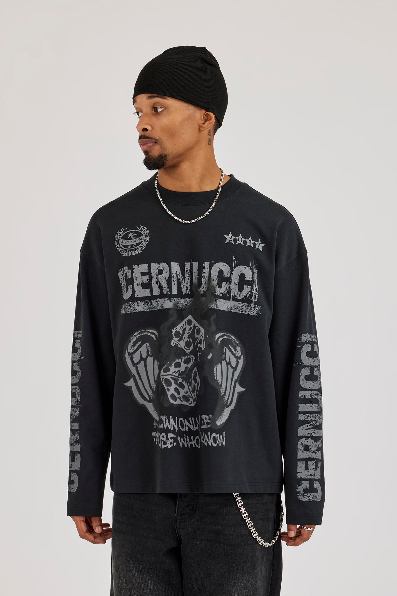 Long Sleeve Dice Graphic T-Shirt - Black