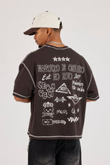 Boxy Contrast Stitch Doodle Back Print T-Shirt - Dark Brown