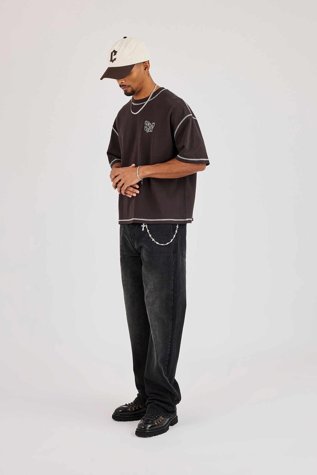 Boxy Contrast Stitch Doodle Back Print T-Shirt - Dark Brown