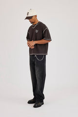 Boxy Contrast Stitch Doodle Back Print T-Shirt - Dark Brown