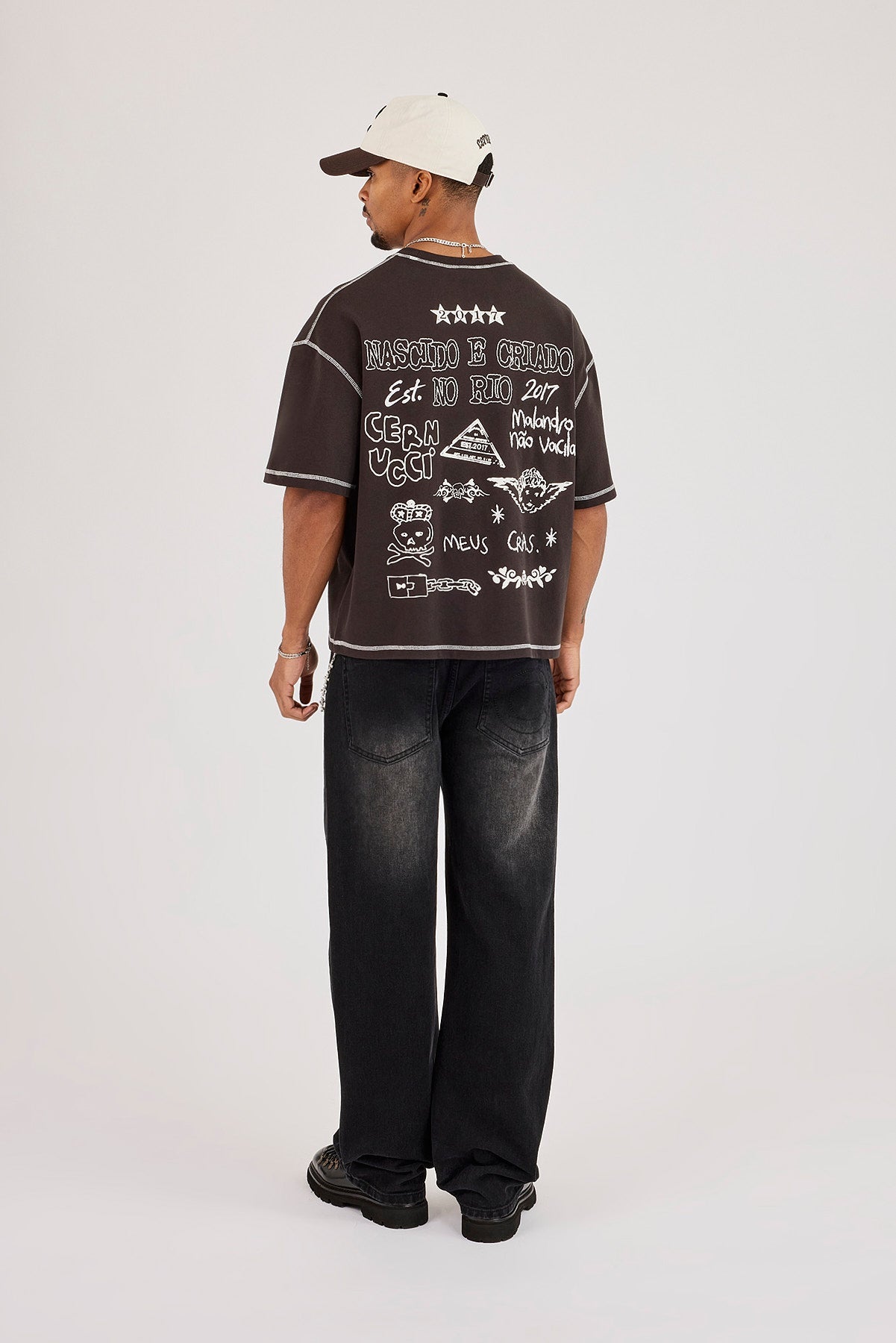 Boxy Contrast Stitch Doodle Back Print T-Shirt - Dark Brown