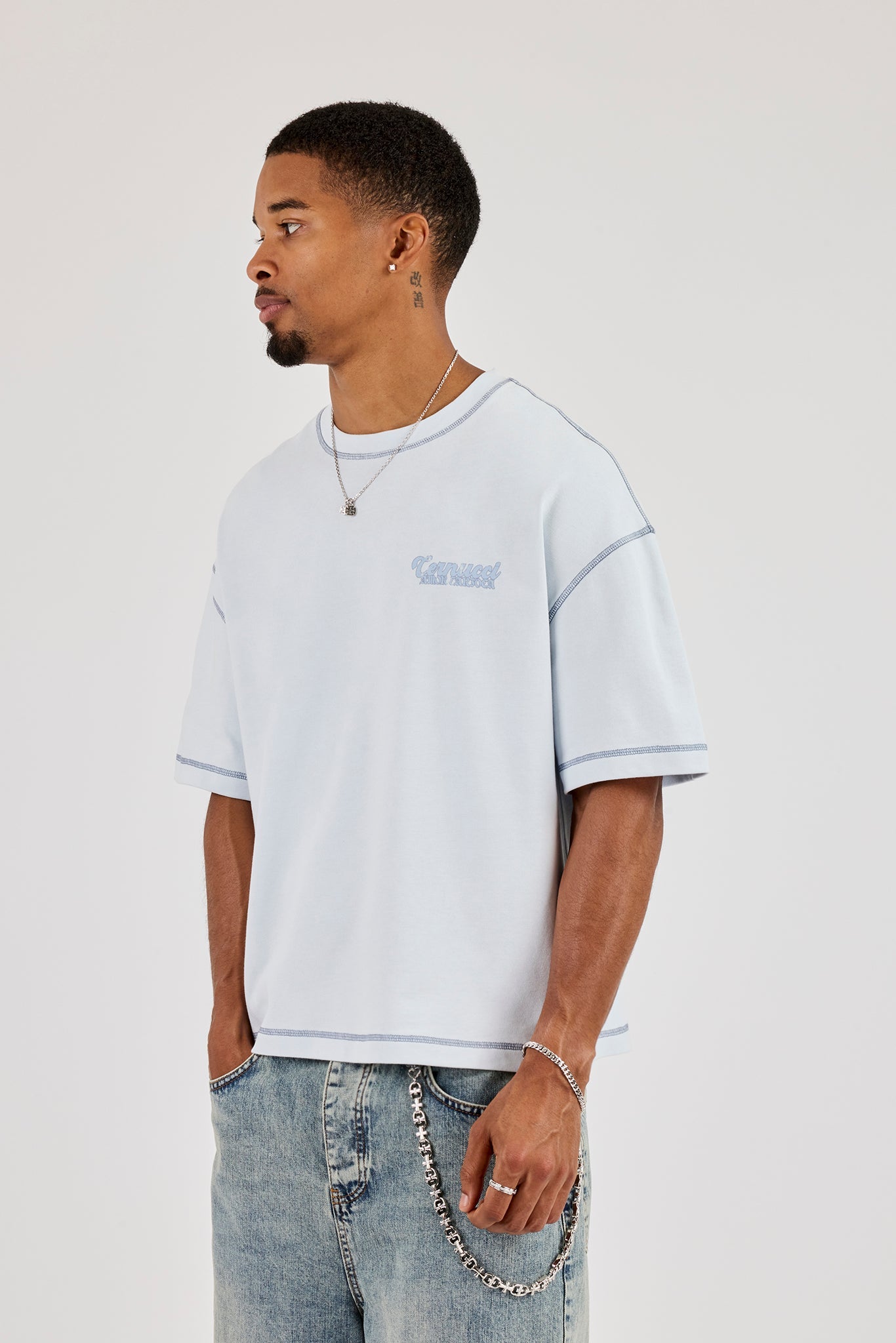 Amor Contrast Stitch Tonal Boxy T-Shirt - Blue