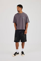 Denim Applique Jort - Washed Black