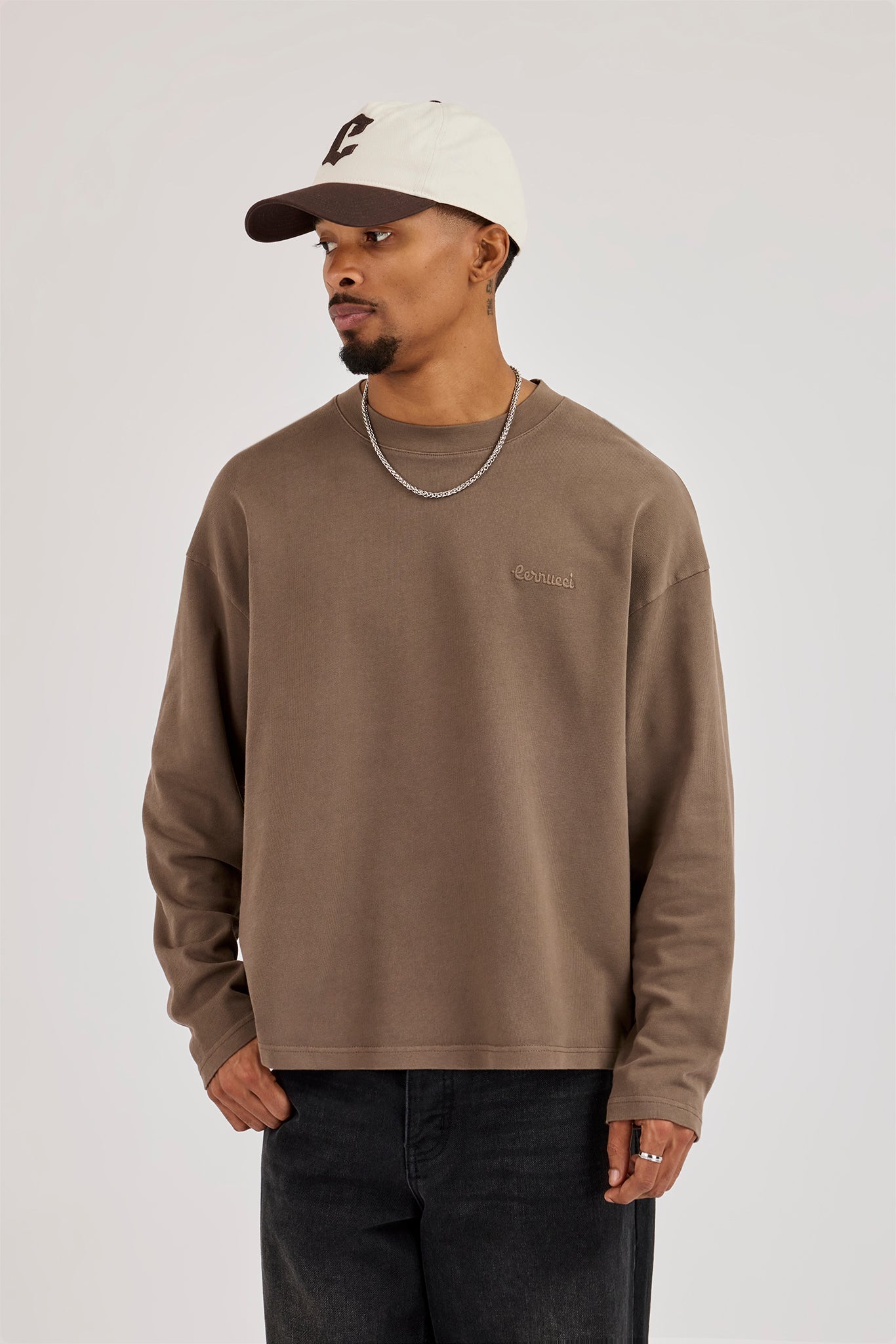 Washed Long Slevee Logo T-Shirt - Washed Brown