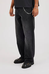 Mens Baggy Jean & 10mm Star Outline Jean Chain - Washed Black