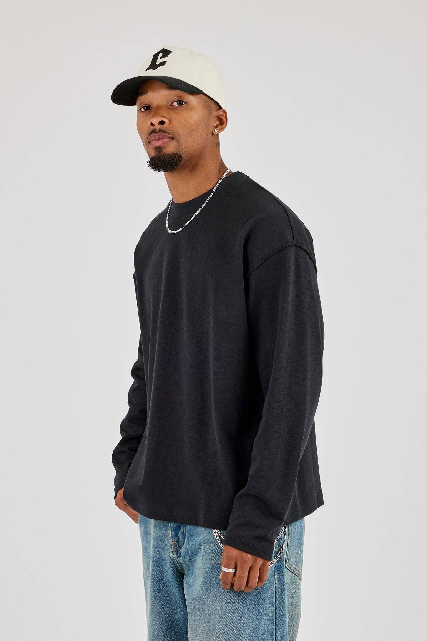 Long Sleeve Seam Detail Slub T-Shirt - Black