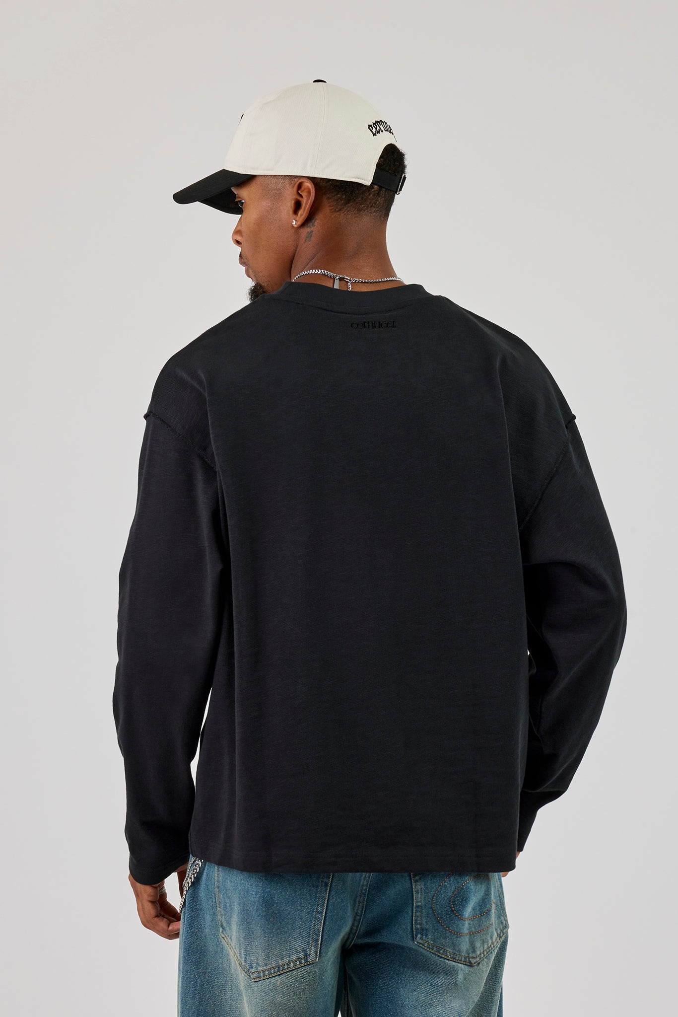 Long Sleeve Seam Detail Slub T-Shirt - Black